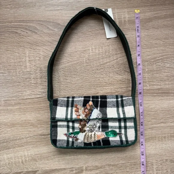 Anthropologie The Fiona Beaded Shoulder Bag Animal Edition Duck Plaid Green - Picture 11 of 13